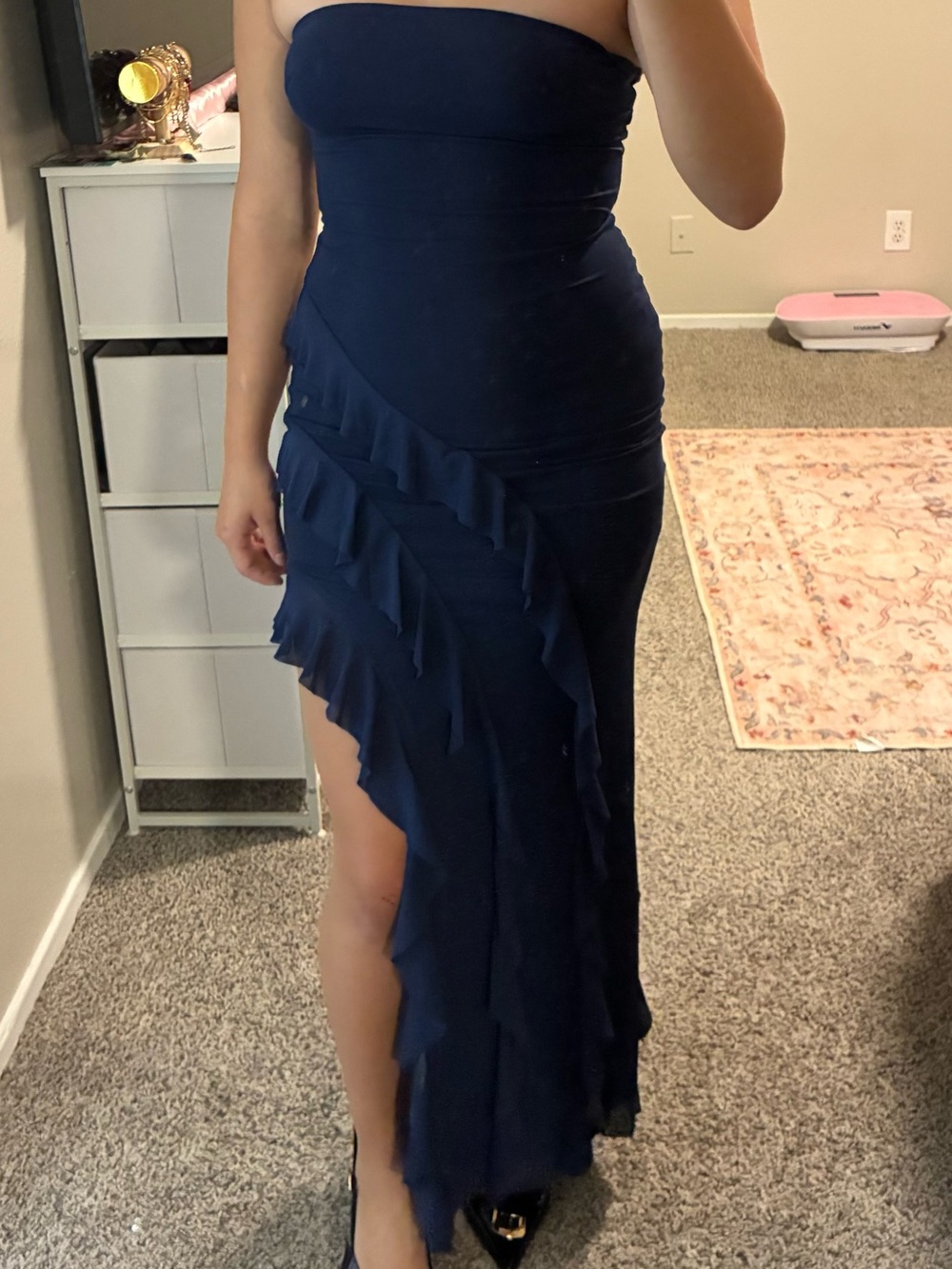 Capuffy Elegant Strapless Navy Ruffle High-Slit Evening Gown